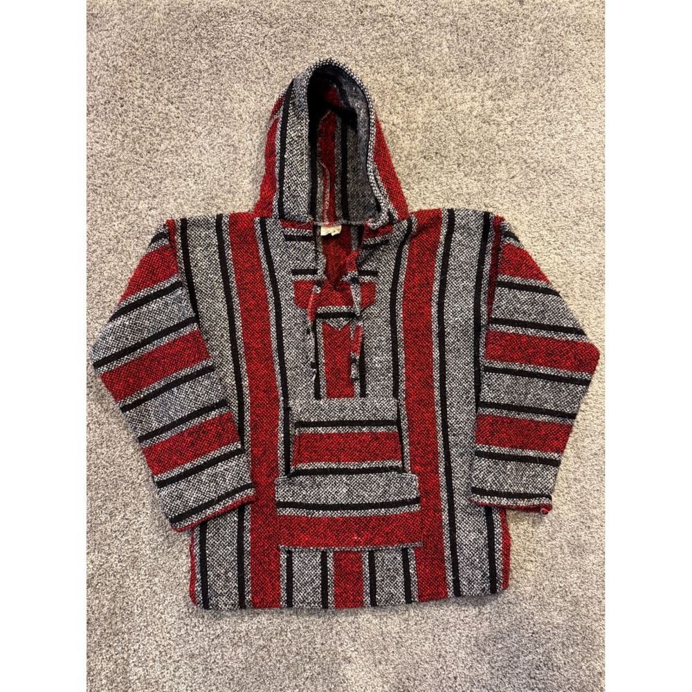 Baja Hoodie Kids Medium Red Grey Stripe Pullover Made in Mexico Acrylic Pocket